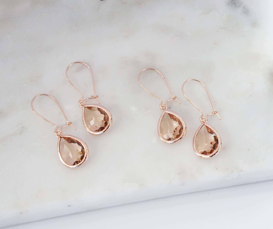 Champagne and Rose Gold Teardrop Gem Hoop Earrings | Bridesmaid Earrings | Wedding Jewelry | EHCHPRG1