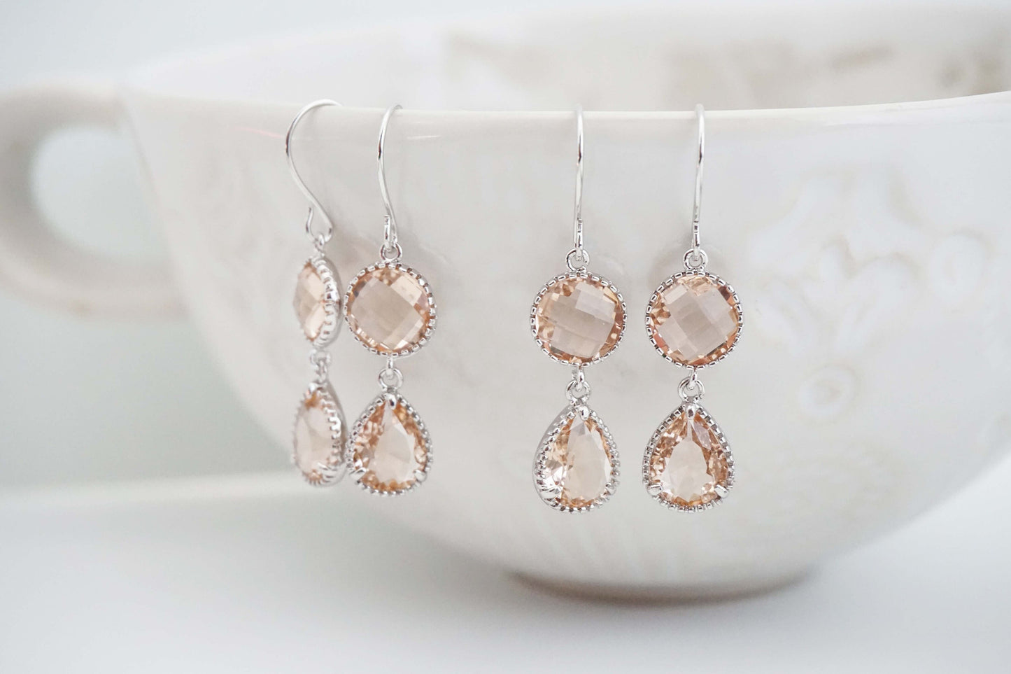 Champagne Gem Double Drop Earrings | Bridesmaid Earrings | Wedding Jewelry