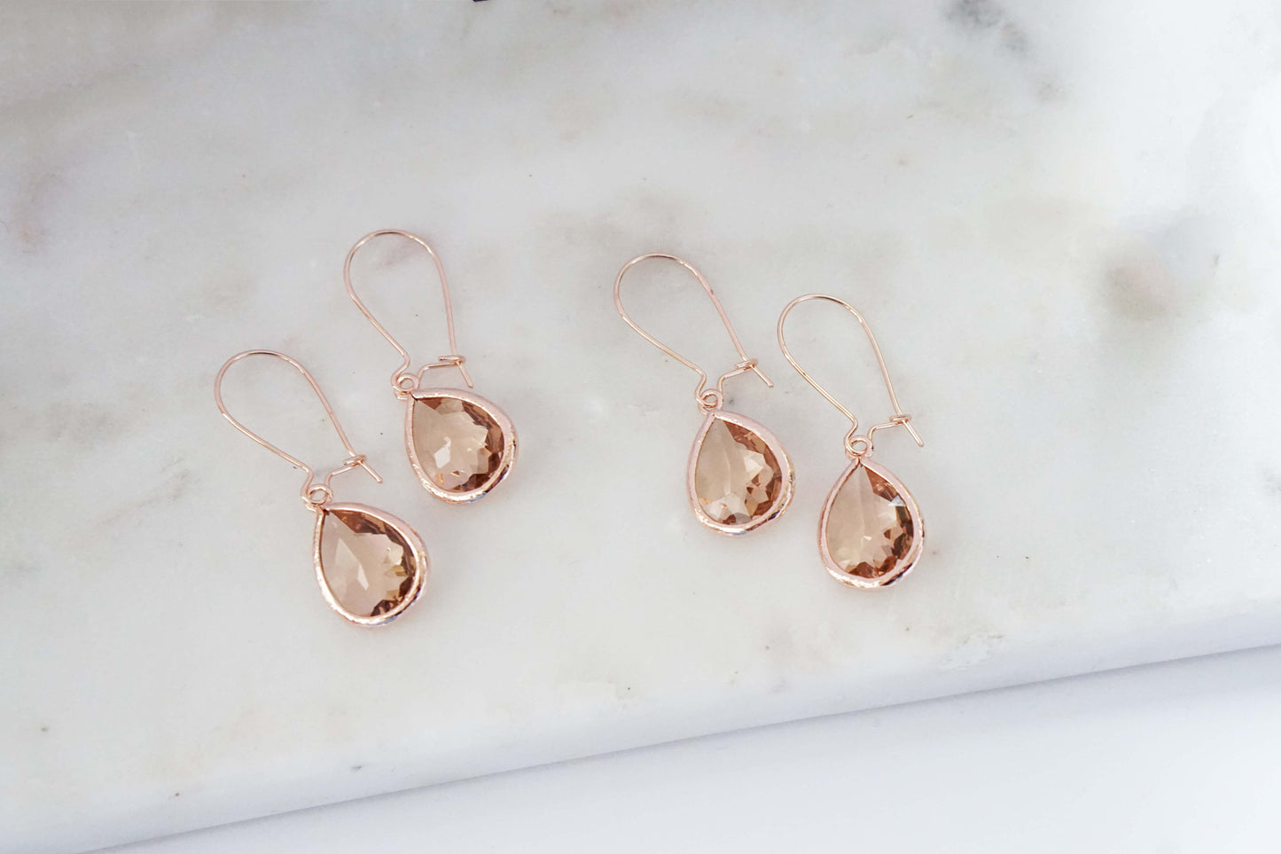 Champagne and Rose Gold Teardrop Gem Hoop Earrings | Bridesmaid Earrings | Wedding Jewelry | EHCHPRG1