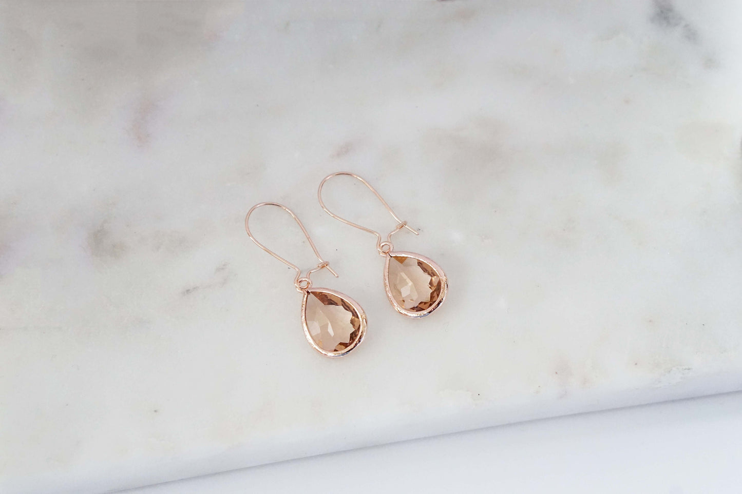 Champagne and Rose Gold Teardrop Gem Hoop Earrings | Bridesmaid Earrings | Wedding Jewelry | EHCHPRG1