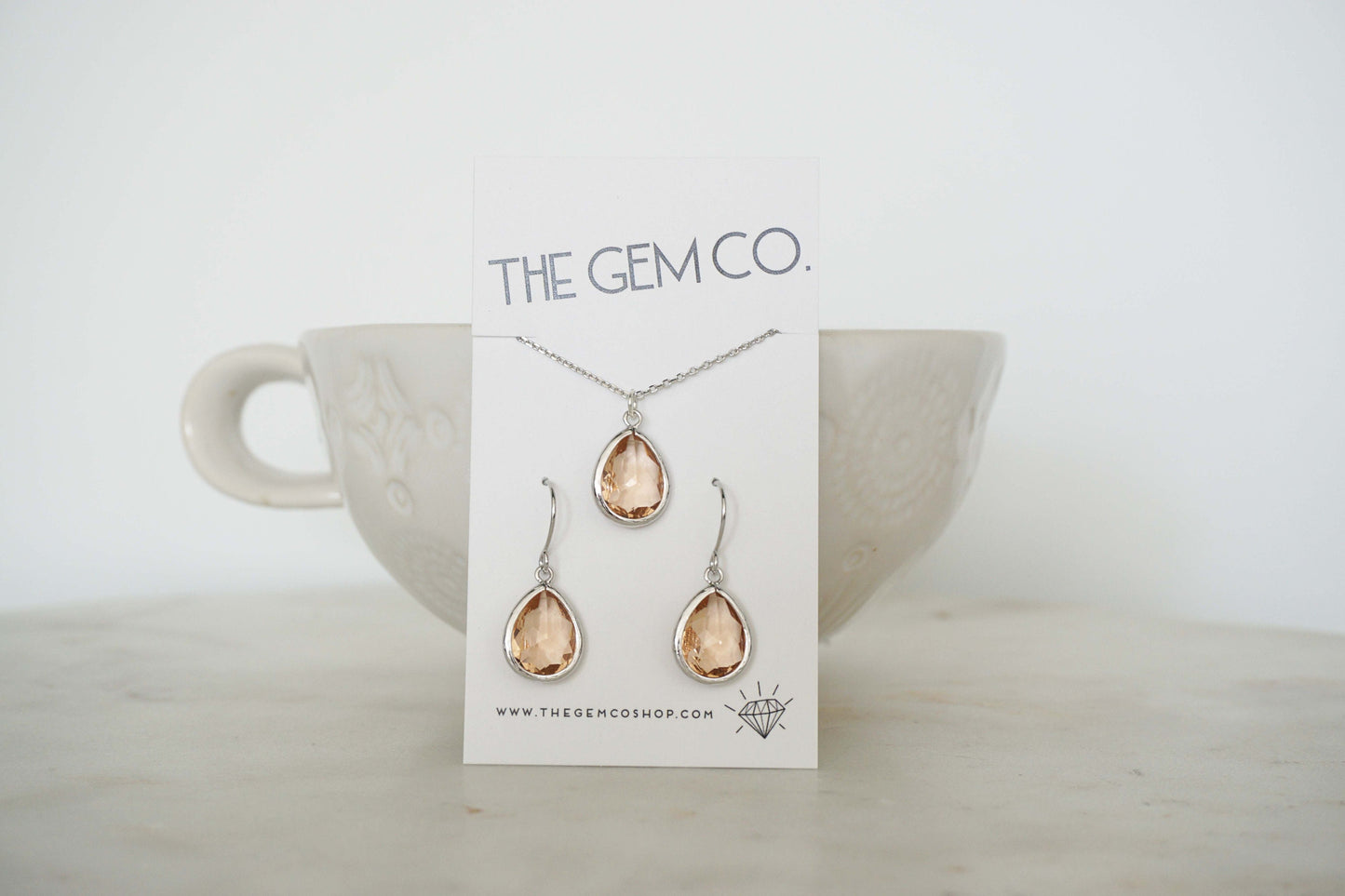 Champagne Teardrop Gem Earrings and Necklace Set | Bridesmaid Jewelry | Wedding Jewelry | ENCHPG1, ENCHPS1, ENCHPRG1