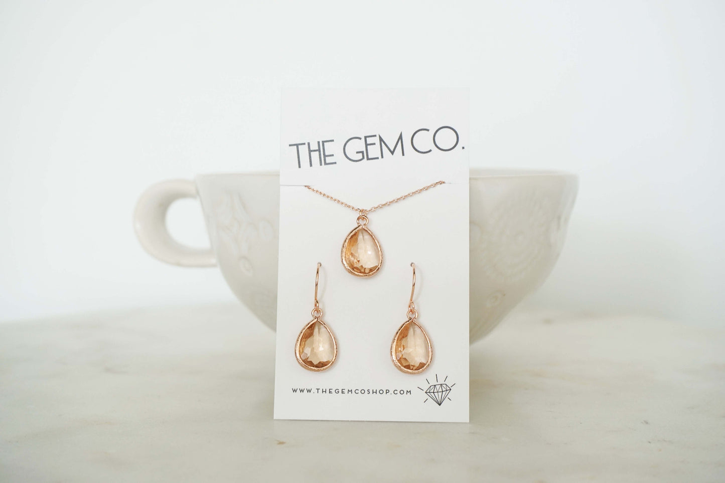 Champagne Teardrop Gem Earrings and Necklace Set | Bridesmaid Jewelry | Wedding Jewelry | ENCHPG1, ENCHPS1, ENCHPRG1