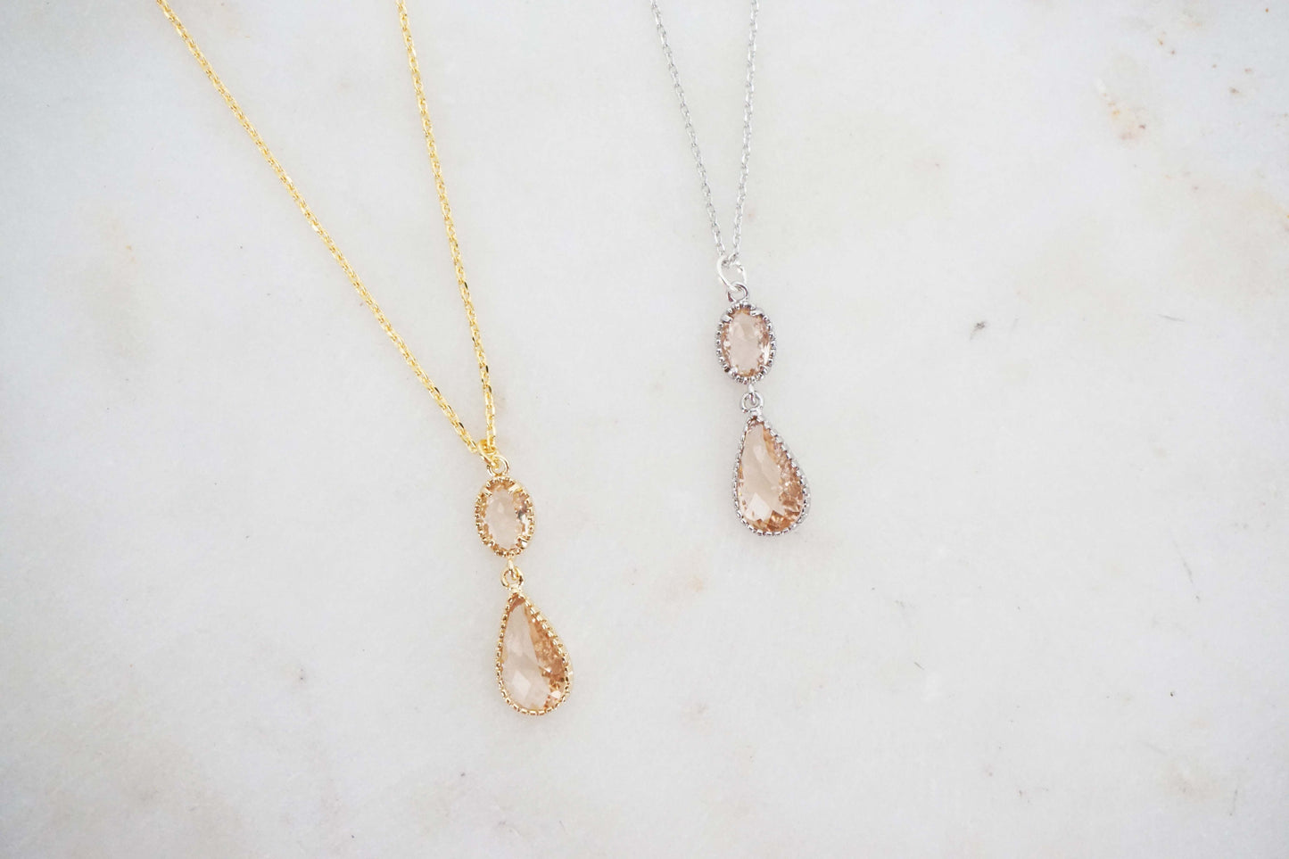 Champagne Oval Double Drop Necklace | Wedding Jewelry | ECHPG27 ECHPS27