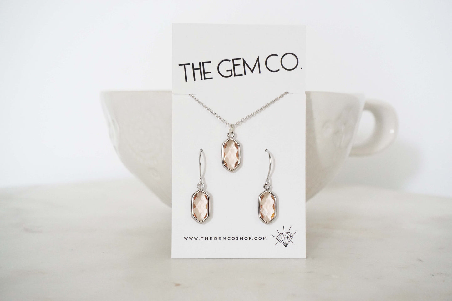 Champagne Gem Hexagon Earrings and Necklace Set | Bridesmaid Earrings | Wedding Jewelry | ENCHPG33, ENCHPS33