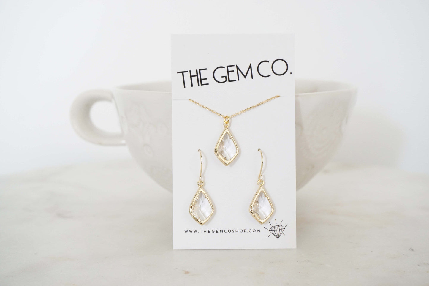 Crystal and Gold Gem Earrings and Necklace Set | Bridesmaid Jewelry | Wedding Earrings | ENCG8, ENCS8