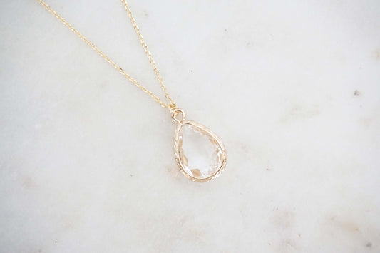 Crystal and Gold Textured Teardrop Gem Necklaces | Bridesmaid Necklaces | Wedding Jewelry | NCG13