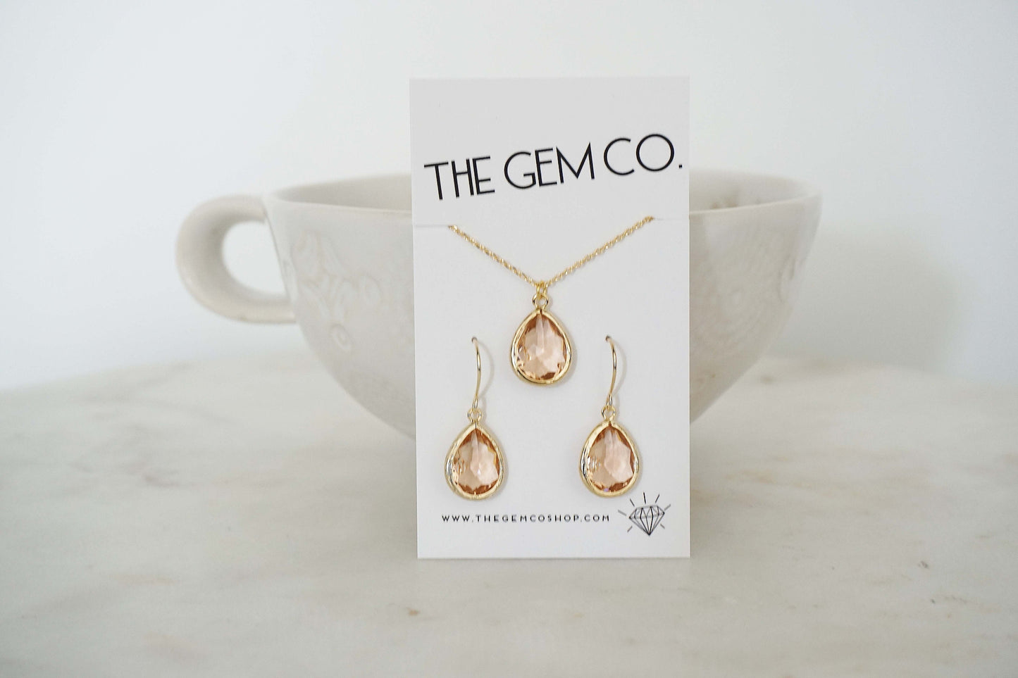Champagne Teardrop Gem Earrings and Necklace Set | Bridesmaid Jewelry | Wedding Jewelry | ENCHPG1, ENCHPS1, ENCHPRG1