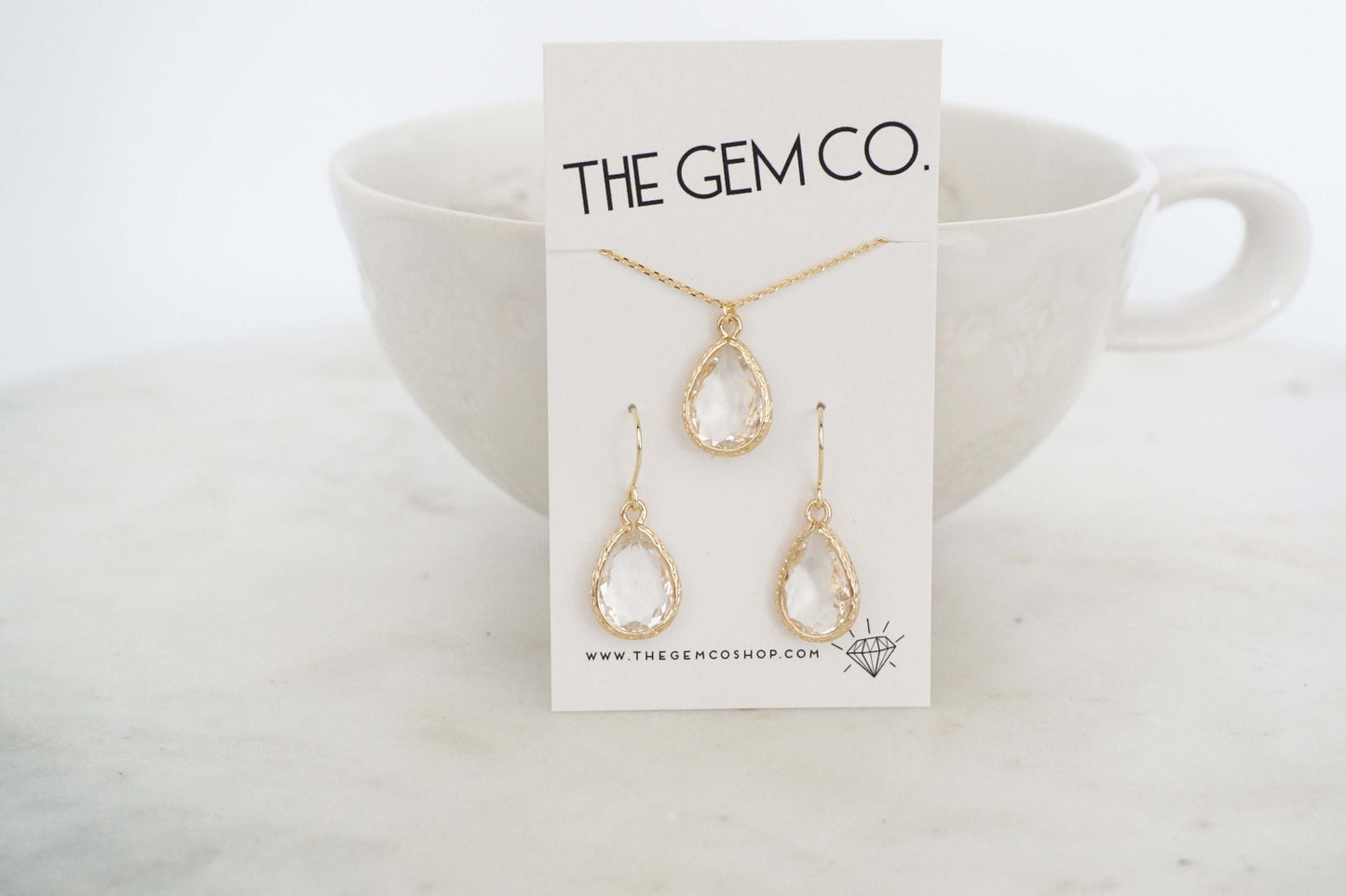 Crystal and Gold Textured Teardrop Gem Earring and Necklace Set | Bridesmaid Jewelry | Wedding Jewelry | ENCG13