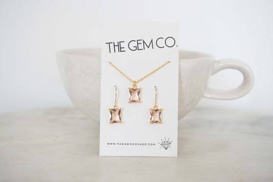Champagne Square Cut Gem Necklace and Earring Set | Bridesmaid Necklaces | Wedding Jewelry | NECHPG19, NECHPS19